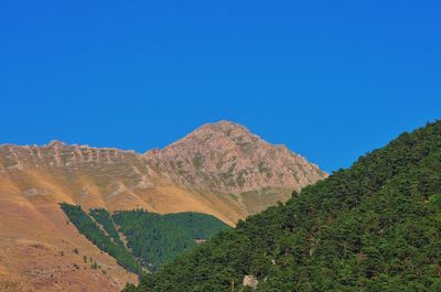 Scenic view of mountains against clear blue sky