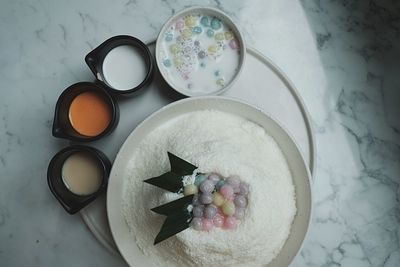 High angle view of breakfast on table