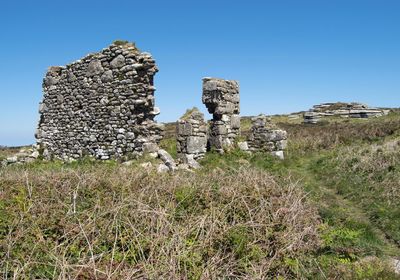 Built structure on field against clear blue sky