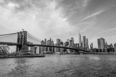 Bridge over river by buildings against sky