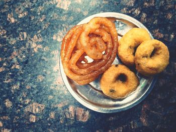 High angle view of dessert in plate on table