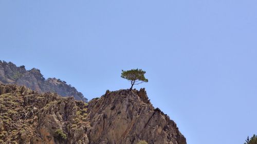 Low angle view of rock formation against clear blue sky