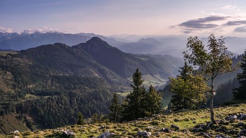 Scenic view of mountains against sky during sunset