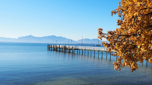 Scenic view of lake against clear blue sky