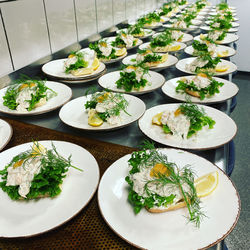 High angle view of meal served on table