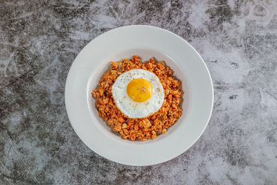 High angle view of breakfast served on table