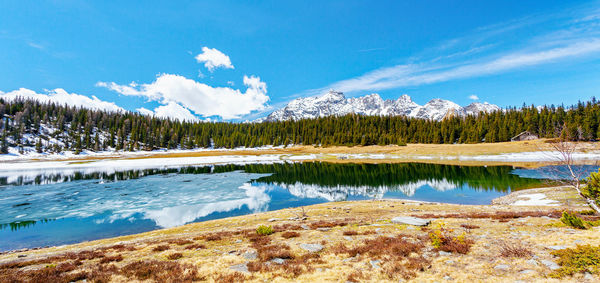 Scenic view of lake by mountain against sky