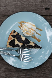 High angle view of cake in plate on table