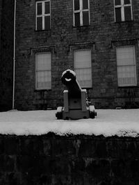 One of cyfarthfa castles cannons during the early hours of the morning after a snowfall