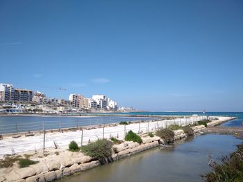 Scenic view of sea by buildings against blue sky