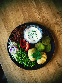 High angle view of breakfast served on table