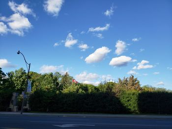 Street by trees against blue sky