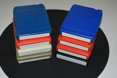 High angle view of books on table