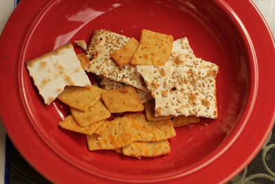 High angle view of meat in plate