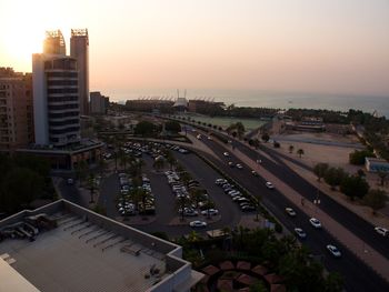 High angle view of cityscape against sky during sunset