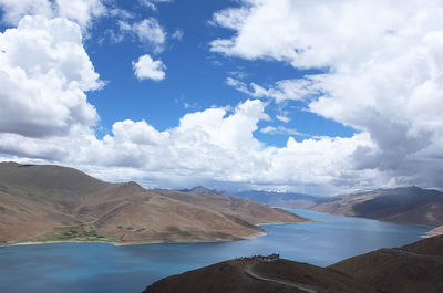 Scenic view of sea and mountains against sky