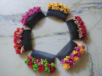 High angle view of various flowers on table