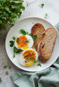 Delicious gourmet breakfast. rye bread with boiled egg