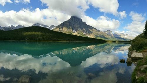 Panoramic view of lake and mountains against sky