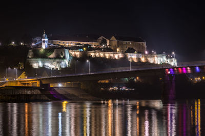 Illuminated bridge over river at night