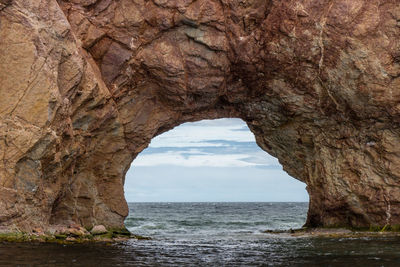 Scenic view of sea seen through rock formation