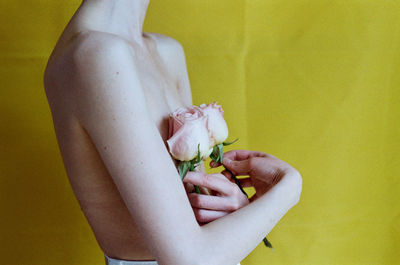 Midsection of naked person holding roses against yellow background