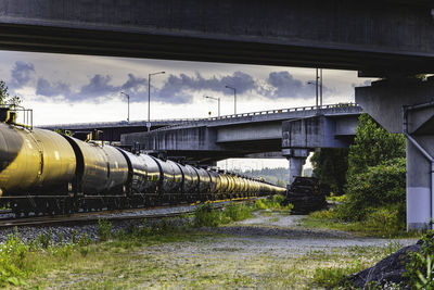 Bridge over factory against sky