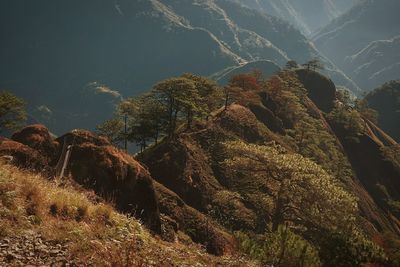 Scenic view of tree mountains against sky