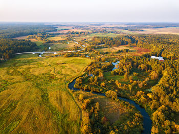 High angle view of trees on field against sky