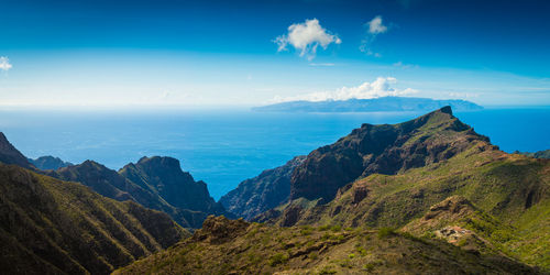 Panoramic view of sea and mountains against sky