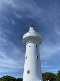 Low angle view of lighthouse by building against sky