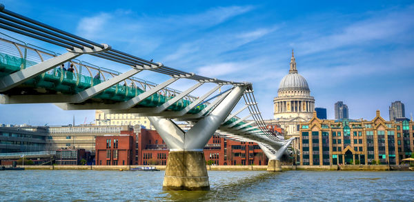 Bridge over river with buildings in background