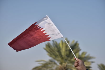 Cropped hand holding flag against sky