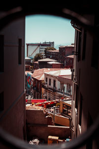 High angle view of buildings in town