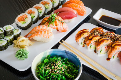 High angle view of sushi in plate on table