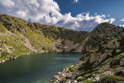 Scenic view of lake and mountains against sky