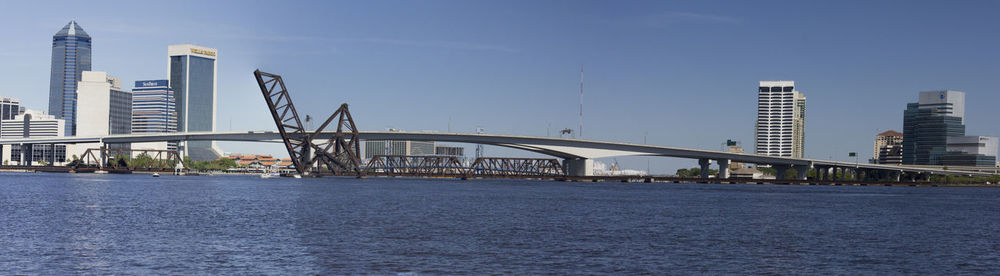 View of skyscrapers in city against clear sky