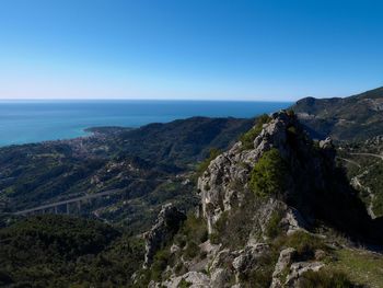 Scenic view of sea and mountains against clear blue sky