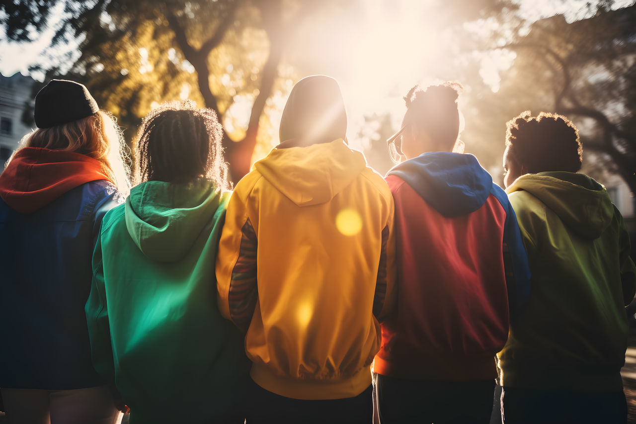 group of people, rear view, adult, togetherness, back lit, crowd, sunlight, nature, friendship, lens flare, sports, young adult, women, clothing, men, emotion, tree, lifestyles, outdoors, happiness, group, sky, child, sunset