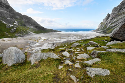 Panoramic view of bunes beach surrounded by mountains and sea in moskenesoya lofoten norway