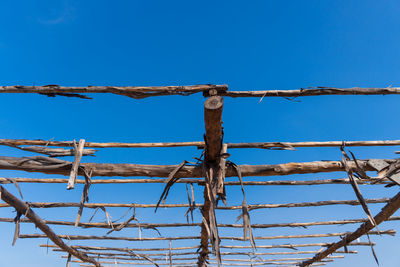 Low angle view of barbed wire against clear blue sky