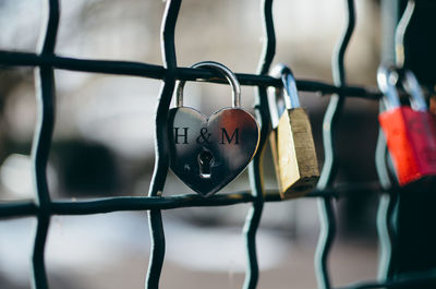 Close-up of padlocks hanging on fence