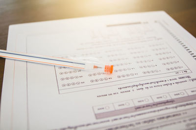 High angle view of open book on table