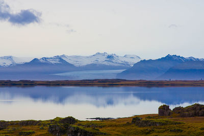 Scenic view of lake and mountains against sky