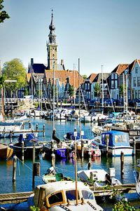 View of harbor in city