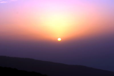 Scenic view of silhouette mountain against romantic sky at sunset