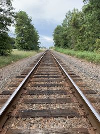 Railroad tracks amidst trees against sky