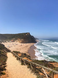 Scenic view of beach against clear blue sky