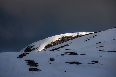 Aerial view of snow covered mountain against sky