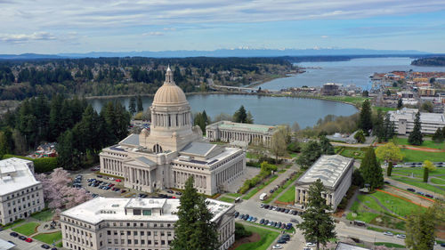 High angle view of buildings in city